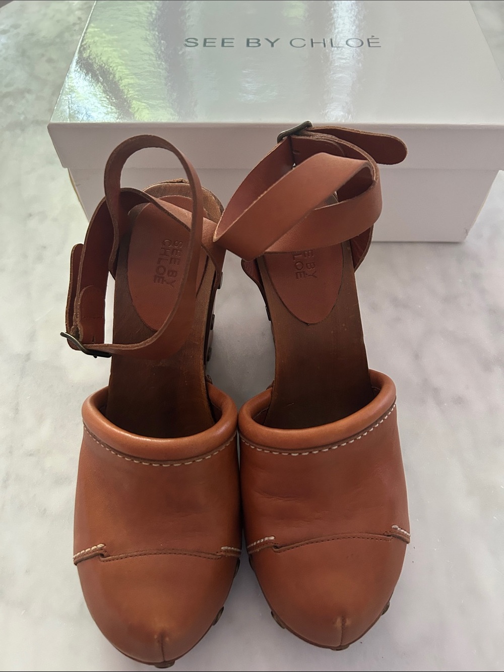 See By Chloe Brown Leather Clog Mules with Ankle Strap